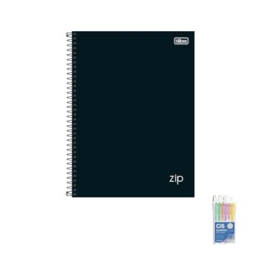 Imagem de Kit Caderno Universitário Preto 10 Matérias 160 Folhas + Caneta Trigel Branca com 12 Unidades + Marca Texto Lumini Pastel 06 Cores