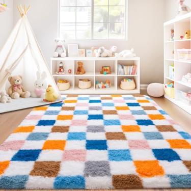 Imagem de Quntue Tapete quadriculado para sala de estar, 20 x 25 cm, ultramacio, felpudo, grande, tapete antiderrapante para quarto, decoração de casa, colorido