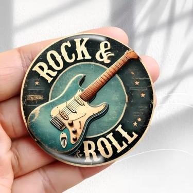 Imagem de Ímã de geladeira vintage design de arte de guitarra de rock - adesivo redondo de acrílico para geladeira de 5,8 cm, presente de decoração retrô, tamanho perfeito para geladeira, armário ou qualquer