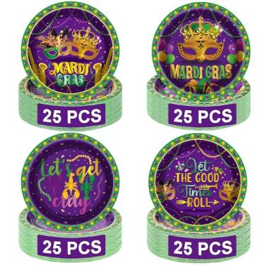 Imagem de QZYL 100 peças de decorações de carnaval, pratos de carnaval de 23 cm, 4 estilos de baile de máscaras, design de lagostins roxos, pratos de papel carnaval, decorações descartáveis de carnaval para