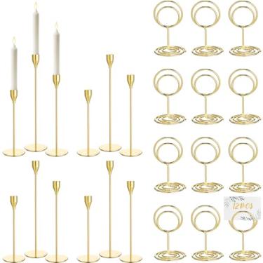 Imagem de Sieral 12 castiçais metálicos dourados e 12 peças de porta-cartões com número de mesa, serve para velas de LED de 0,9 cm de espessura para centros de mesa, decoração de mesa de jantar de inauguração