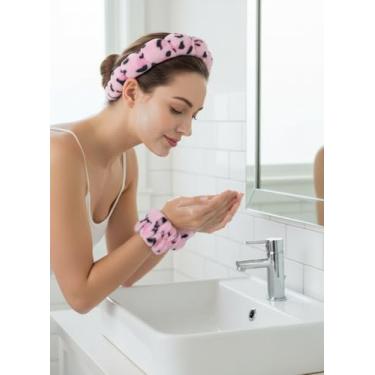 Imagem de Conjunto de 3 pulseiras para lavar o rosto, spa, esponja antiderrapante, maquiagem, cuidados com a pele, faixa de cabeça acolchoada e fofa, rosa