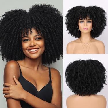 Imagem de Marshey Perucas Afro Crespas E Cacheadas Para Mulheres Negras, Peruca Curta Bob Com Aparência Natural E Franja, Sem Renda Frontal, Cabelo Sintético Longo Crespo E Cacheado Para Festas Diárias (Pret