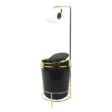 Imagem de Kit Suporte Porta Papel Higiênico Lixeira 5L Basculante Banheiro Preto