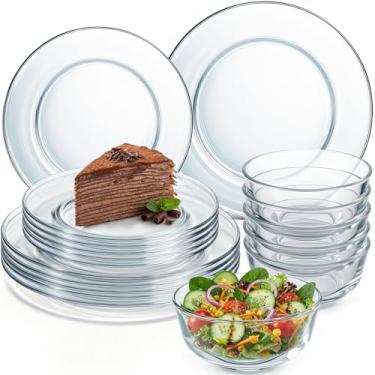 Imagem de Havawish Conjunto de 18 peças de louça de vidro elegante redondo transparente conjunto de pratos e tigelas para micro-ondas, sobremesa, salada, frutas, máquina de lavar louça, cozinha
