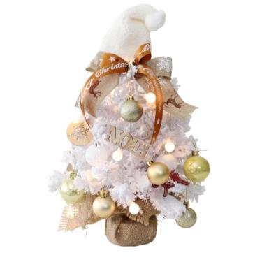 Imagem de Árvore de Natal branca de 61 cm com luzes, inclui tampa de laço, pequenas bolas e pingente de madeira, árvore artificial de mesa artificial