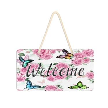 Imagem de Burbuja Placa de boas-vindas roses borboletas para porta da frente, placa de boas-vindas de PVC para pendurar na parede varanda casa de fazenda, decoração de feriados, 15 x 28 cm