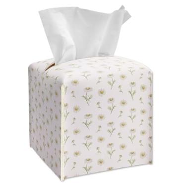 Imagem de Capa quadrada para caixa de lenços - Suporte de caixa de lenços floral margarida branca com cinto inferior, organizador de papel facial de couro para bancada de banheiro, mesinhas de cabeceira, mesa