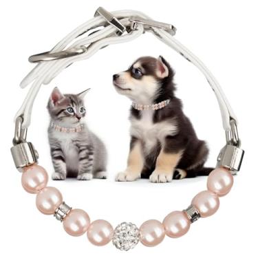Imagem de Coleira de pérola luxuosa para animais de estimação com detalhes de cristal, alça de couro branco ajustável, design decorativo de strass para cães e gatos (rosa, P (20 a 25 cm)