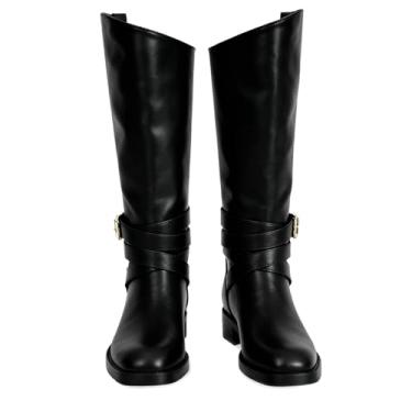 Imagem de pinokino Botas de equitação femininas de cano baixo, cano alto, bico fino, fivela, Preto - PU, 40
