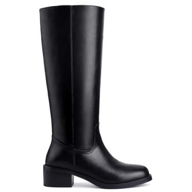 Imagem de Gothictor Botas femininas de cano alto banana bico quadrado salto grosso confortável salto baixo puxar na panturrilha larga botas longas para mulheres, Banana_preta, 6 Wide