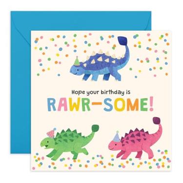 Imagem de CENTRAL 23 Cartão de aniversário de dinossauro – "Rawr-some!" – Dinossauros coloridos e confetes – Saudações divertidas para crianças, meninos, meninas, sobrinha, sobrinho, filho, neto, fãs de