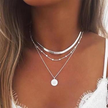 Imagem de Colar feminino de lua e estrela de camada dupla, delicada corrente celestial, joia fina minimalista, pingente elegante e leve de lua estrelada, colar ajustável em camadas, one size, Metal, Sem Pedra