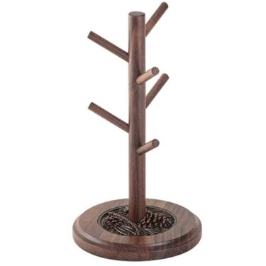 Imagem de LNQKJXIIA Boutiques US Caneca de café de madeira rústica, suporte de copo de madeira natural com 6 ganchos para bancada multiuso organizador de pratos decorativos