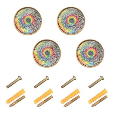 Imagem de Puxadores de armários de cozinha com padrão espiral tie dye arco-íris pacote com 4 puxadores e puxadores de cozinha dourados para armários, ferragens de cômoda