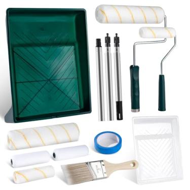 Imagem de YiBaiBrush Kit de rolo de pintura com haste de extensão, conjunto de 13 peças, rolos de pintura de 23 cm e 10 cm com bandeja, pincel de pintura para paredes, fita de pintor, suprimentos de pintura de