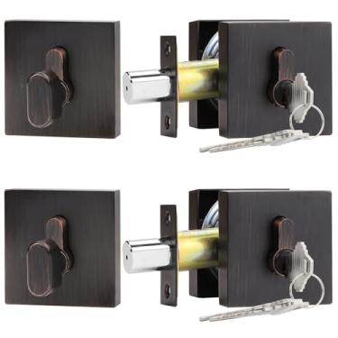 Imagem de Probrico Fechaduras de cilindro único com chave (embalagem com 2) fechaduras de entrada e porta da frente, conjunto quadrado de bronze polido a óleo com as mesmas chaves, ferragens antifurto para