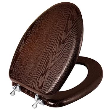 Imagem de Assento de vaso sanitário alongado resistente, folheado natural padrão de madeira, assento de vaso sanitário alongado, tampa de vaso sanitário oval de madeira com dobradiças cromadas