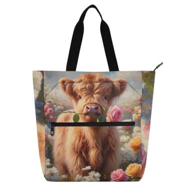 Imagem de Highland Cow Calf Spring Tote Womens Work Bag Canvas Beach Book Tote with Zipper Ladies Kids Handbags Book Lover Gift