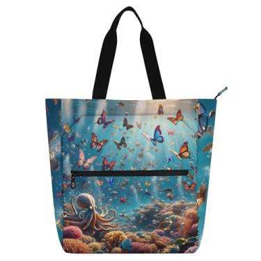 Imagem de Bolsa feminina Butterflies Sea Underwater Work Tote de lona escolar com zíper, carteiro, para amantes de livros, presentes