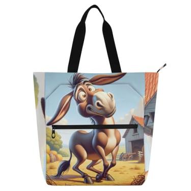 Imagem de GAIGEO Bolsas de trabalho de burro engraçadas de desenho animado para mulheres, bolsa de lona para livros de praia, zíper reutilizável, presente para amantes de livros