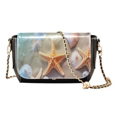Imagem de Starfish flutua na água e conchas na praia bolsas transversais de couro para mulheres, tamanho médio, bolsa feminina de couro com zíper, Estrelas e conchas na praia-3, One Size