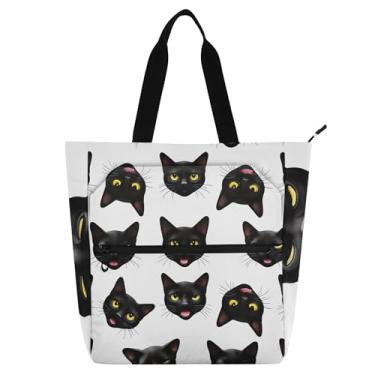 Imagem de GAIGEO Linda bolsa de ombro preta com cara de gato branco para crianças e mulheres, escola, trabalho, zíper, lona, bolsa de ombro