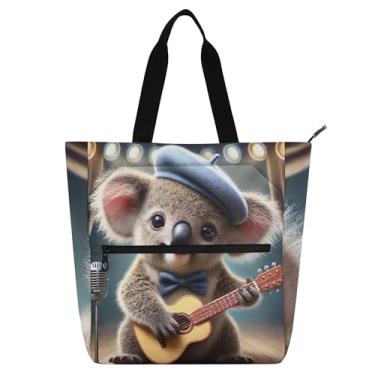 Imagem de GAIGEO Bolsa estilo retrô Koala Musician para mulheres, crianças, adolescentes, com zíper, lona, escola, trabalho, bolsa reutilizável, mercearia, viagem, bolsa