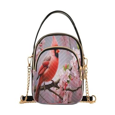 Imagem de GAIGEO Bolsa tiracolo feminina de basquete com fogo e água, bolsa tiracolo casual com corrente dourada, Pássaro vermelho sentado em um ramo de flor-4, One Size