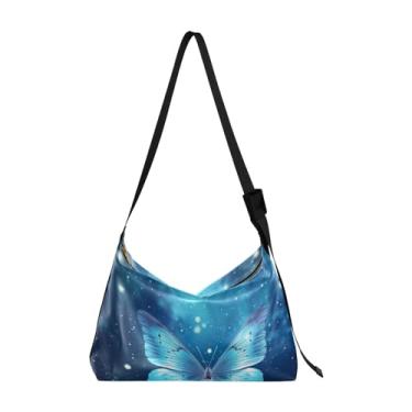 Imagem de Borboleta azul com uma bolsa tiracolo masculina de couro estrelado, bolsa transversal grande de couro, bolsa tiracolo Hobo, Borboleta azul voando em azul - 2, One Size