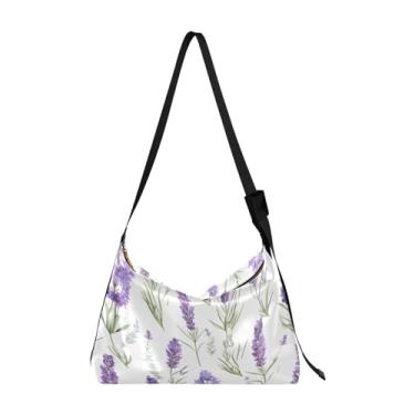 Imagem de Bolsa de ombro feminina Hobo floral amarela com papoulas brancas, bolsa transversal de couro, bolsa transversal de couro, Flores de lavanda em branco-4, One Size