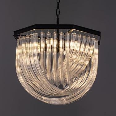 Imagem de TOCHIC Lustre Preto Estilo Fazenda, Lustre De Vidro Octogonal De 4 Camadas Para Sala De Estar, Lustre Moderno Para Mesa De Jantar, Luminária De Teto Suspensa Para Sala De Jantar, Quarto, Hall De En