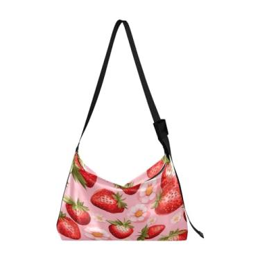 Imagem de Bolsa de ombro masculina de couro com folhas de lavanda em aquarela, bolsa transversal grande, alça de ombro ajustável, Morangos maduros em rosa - 4, One Size