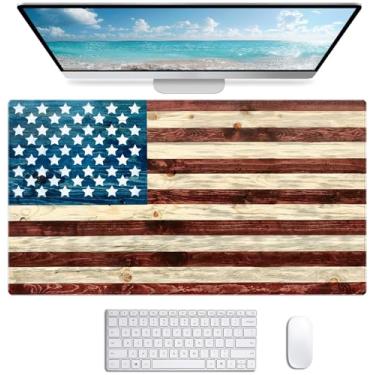 Imagem de Teclado de computador personalizado com bandeira americana de grão de madeira, tapete de mouse estendido para escritório e escritório feminino fofo 35,4 x 15,7 polegadas