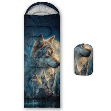 Imagem de AILONEN Saco de dormir Howling Night Wolf para acampamento, leve e impermeável, clima quente e frio, sacos de dormir de animais selvagens para crianças, homens, viagens, atividades ao ar livre