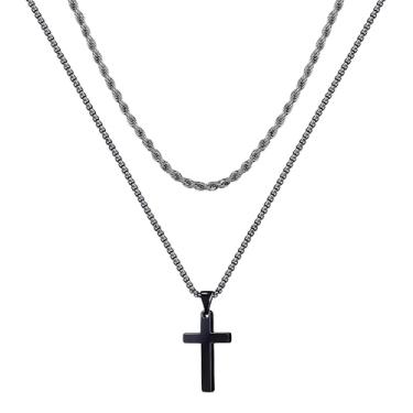 Imagem de Colar com pingente de cruz em camadas de aço inoxidável para homens e mulheres, preto, banhado a ouro 14K, corrente de corda de prata, joia 40,6 cm, 50,8, 56, 61 cm, joias de aniversário, presentes