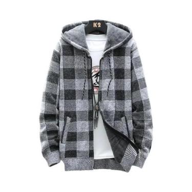 Imagem de Cardigan Masculino De Inverno Com Capuz Em Xadrez, Jaqueta De Lã Com Z