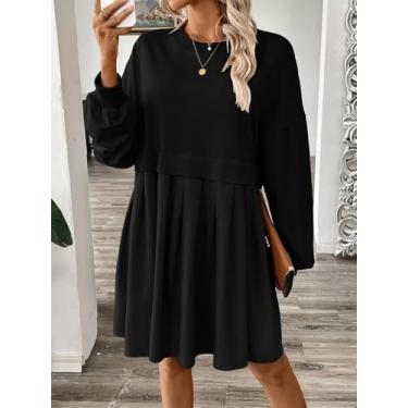 Imagem de Vestido feminino de moletom preto - Mini vestido casual plissado de manga comprida, Preto, Large