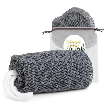 Imagem de 1 esponja de rede esfoliante africana, esfregão traseiro de tira longa, acessórios de banho de chuveiro para esfoliante corporal (cinza)