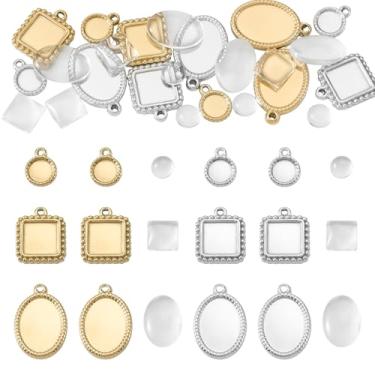 Imagem de FASHEWELRY 12 conjuntos de bandejas de aço inoxidável com pingente de bisel em branco, cabochão redondo oval, cabochão com cabochão de vidro transparente para fotos, brincos, colares, joias