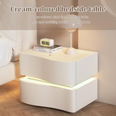 Imagem de Nightstand Wood with Drawers, Solid Wood Construction, Leather Finish, Two Drawers for Storage, Built-in LED Night Light, Rounded Corners – Suitable for The Bedroom(White,45*40*50cm/18*16*20in)