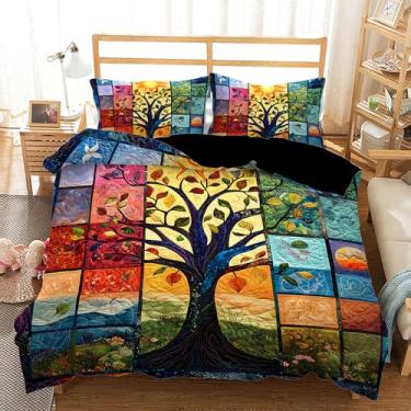 Imagem de AILONEN Conjunto de capa de edredom árvore da vida, tamanho king, sol lua boêmio, árvore colorida, conjunto de capa de edredom para adolescentes e adultos, capa de edredom com tema da natureza com 2