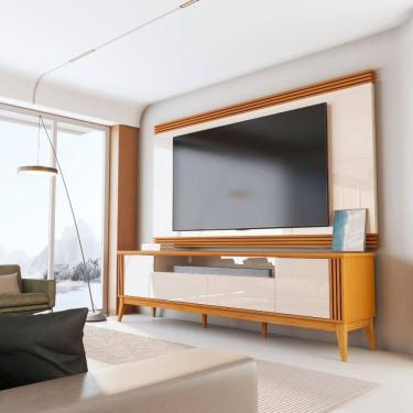 Imagem de Rack Bancada Com Painel Detalhe Ripado Vetro Para Tv Até 75 Polegadas 2,18m Madeirado/off White