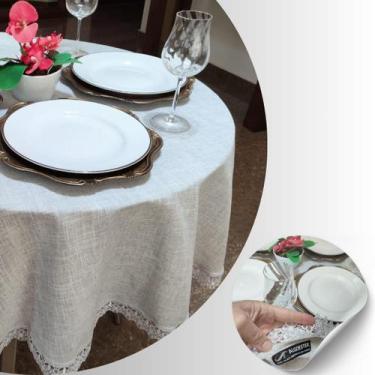 Imagem de Toalha de mesa redonda de linho com renda 1,55 mts cor:bege - ALGOESTE
