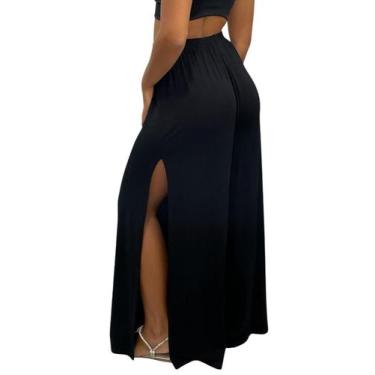 Imagem de Calça Pantalona Feminina Cintura Alta com Fenda Lateral de Malha Tecid