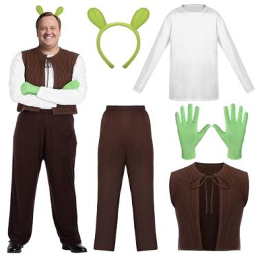 Imagem de Mepase Roupa de cosplay de ogre de Halloween manga comprida top calça colete marrom luvas orelhas de ouro para festa de cosplay de Halloween presente de festa tamanho GG 5 peças