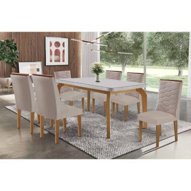 Imagem de Sala Jantar Mesa Londrina Tampo c/ Vidro Curvo 180cm+6 Cadeiras Maldivas Madeira Naturale/Off White - Capuccino/Suede Capuccino - Rufato