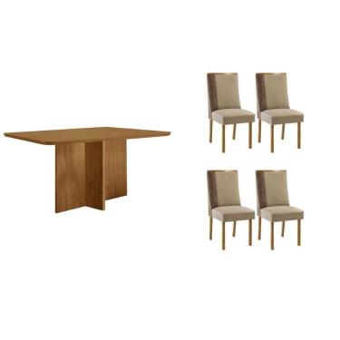 Imagem de Sala Jantar Mesa Berlim Tampo Curvo 120cm+4 Cadeiras Tilia Madeira Naturale - Capuccino/Suede Creme - Rufato
