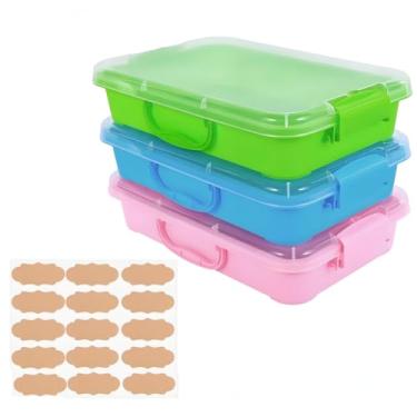 Imagem de Acshio Pacote com 3 caixas de armazenamento de plástico, recipiente portátil com tampa transparente com alça 15 adesivos, organizadores grandes de artesanato para artesanato, maquiagem (azul, verde