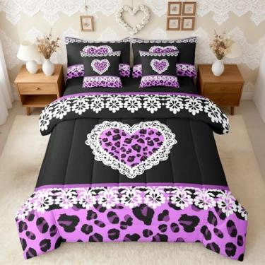 Imagem de Feelyou Conjunto de edredom solteiro com estampa de leopardo damasco com estampa de leopardo fofo, 7 peças, lençol de renda branca em uma bolsa, roxo, amor, leopardo, decoração de quarto macio